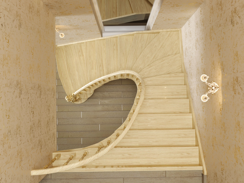 3D визуализации светлой лестницы с золотой патиной