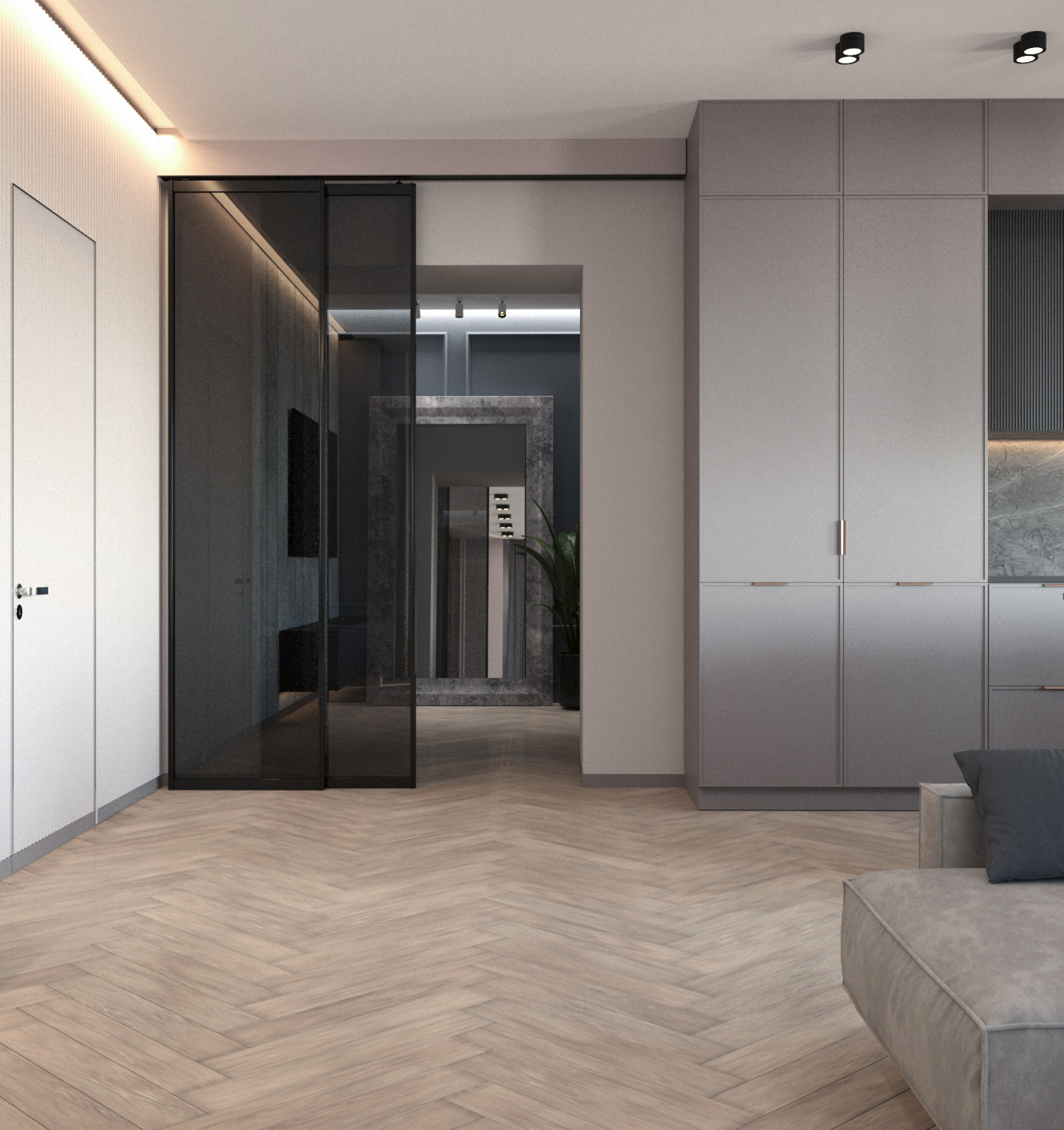 Просторная квартира в синими стенами