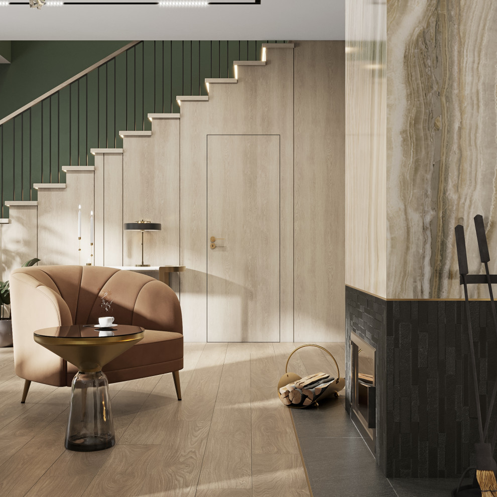 Просторная гостиная с акцентным потолком