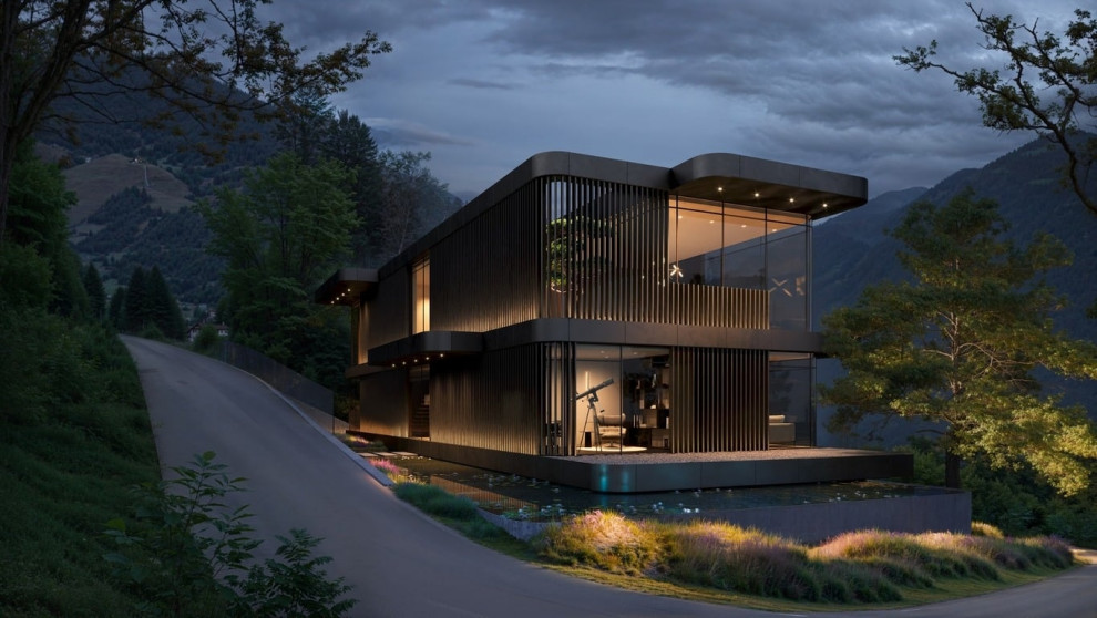 Архитектурная визуализация трёхэтажного загородного дома в окружении природы.