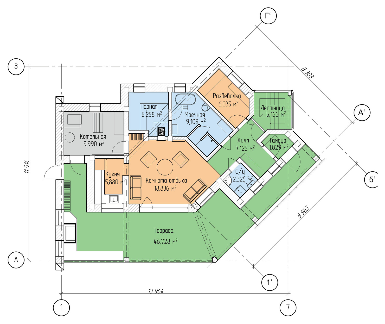 Обложка проекта: Проектирование. Баня из арболита  (S= 122,08 м2)