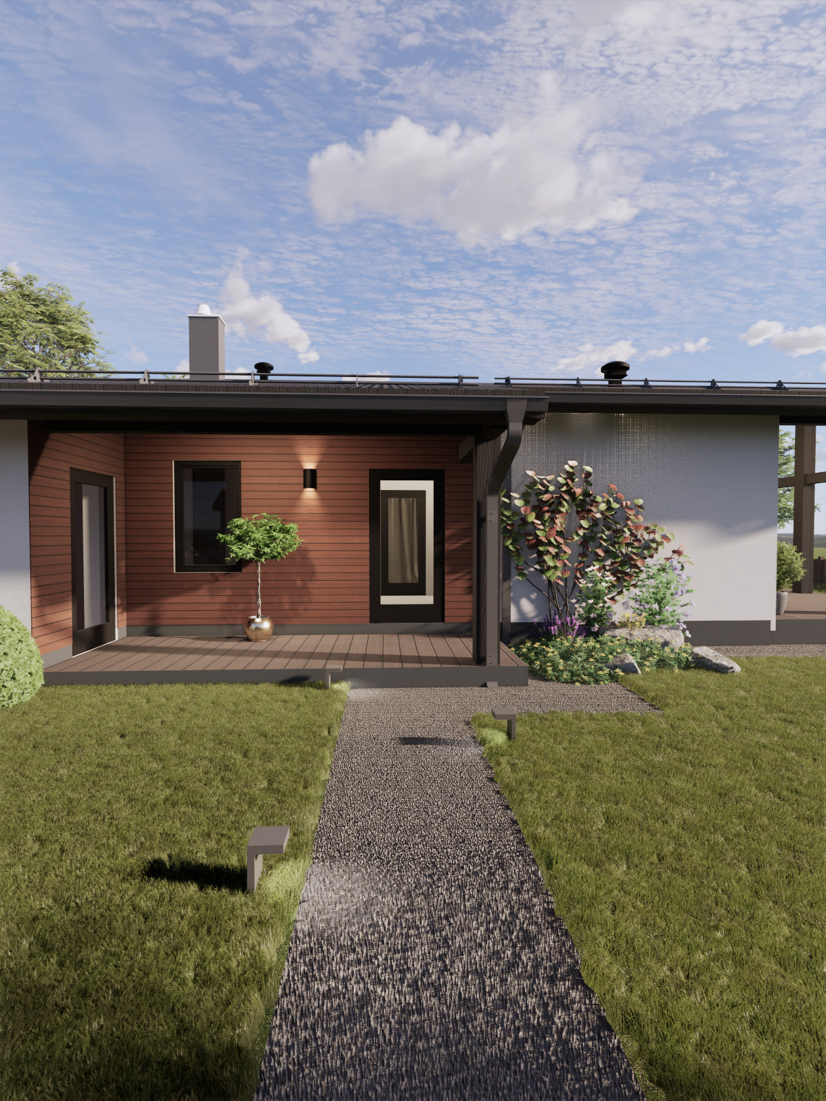 Одноэтажный дом с открытой террасой