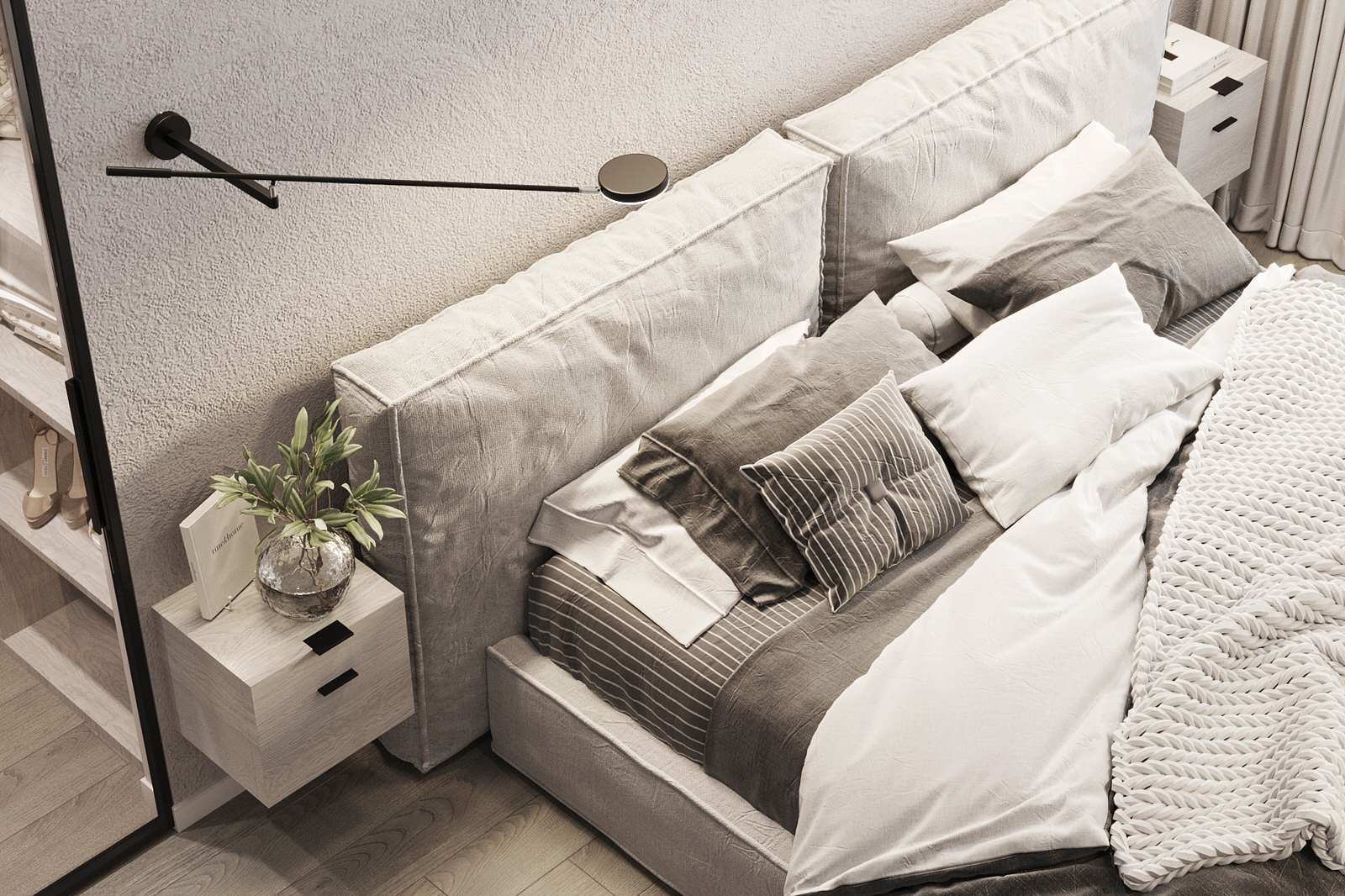 Белые интерьеры спальни и ванной комнаты