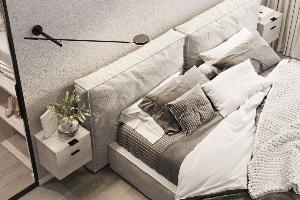 Белые интерьеры спальни и ванной комнаты