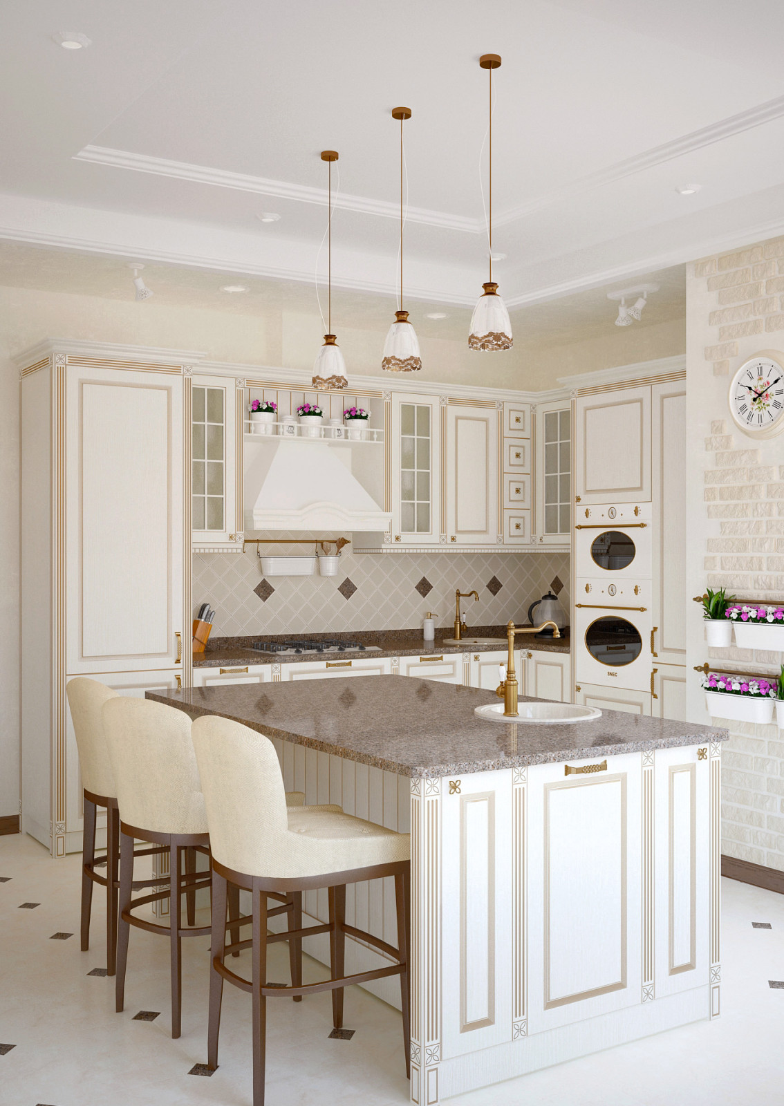 Светлая классическая кухня с элементами кантри стиля