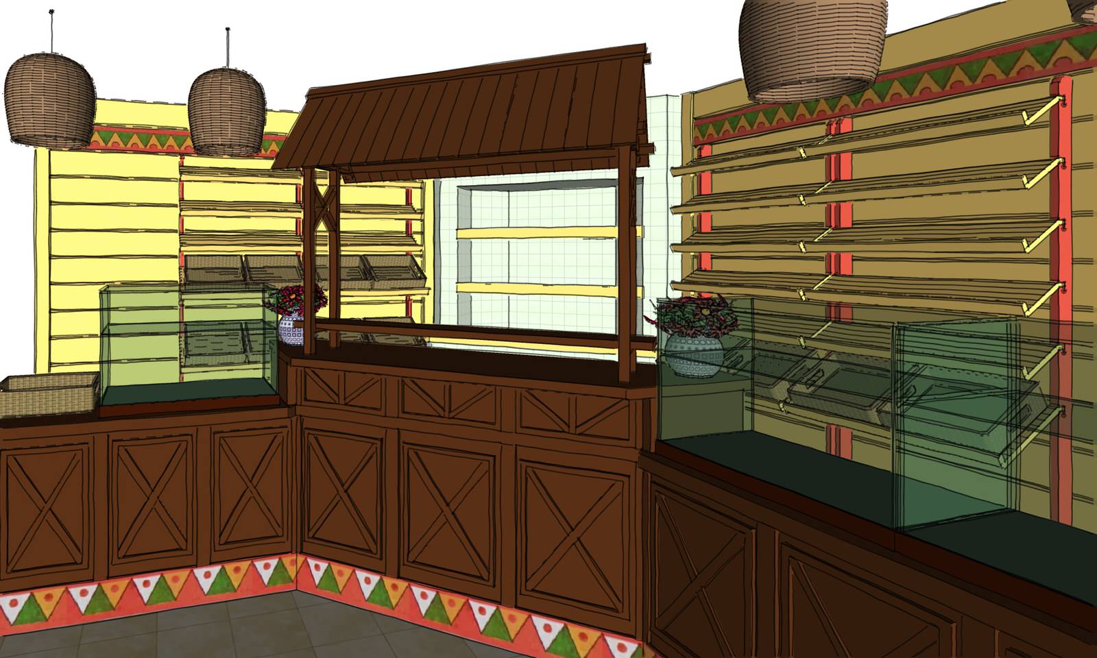 Эскиз торгового зала мини-пекарни в лубочном стиле.