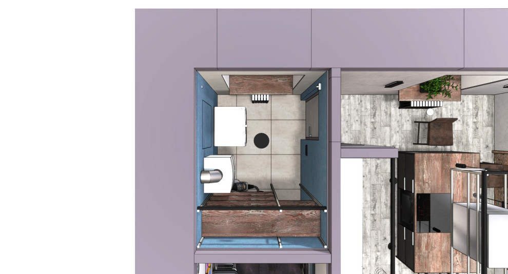 Квартира в Москве в стиле лофт, кухня, холл, санузел, кладовая. 2020 г.