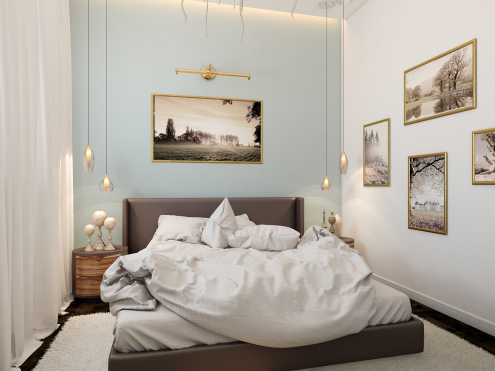 Дизайн спальни в стиле неоклассика в голубых тонах