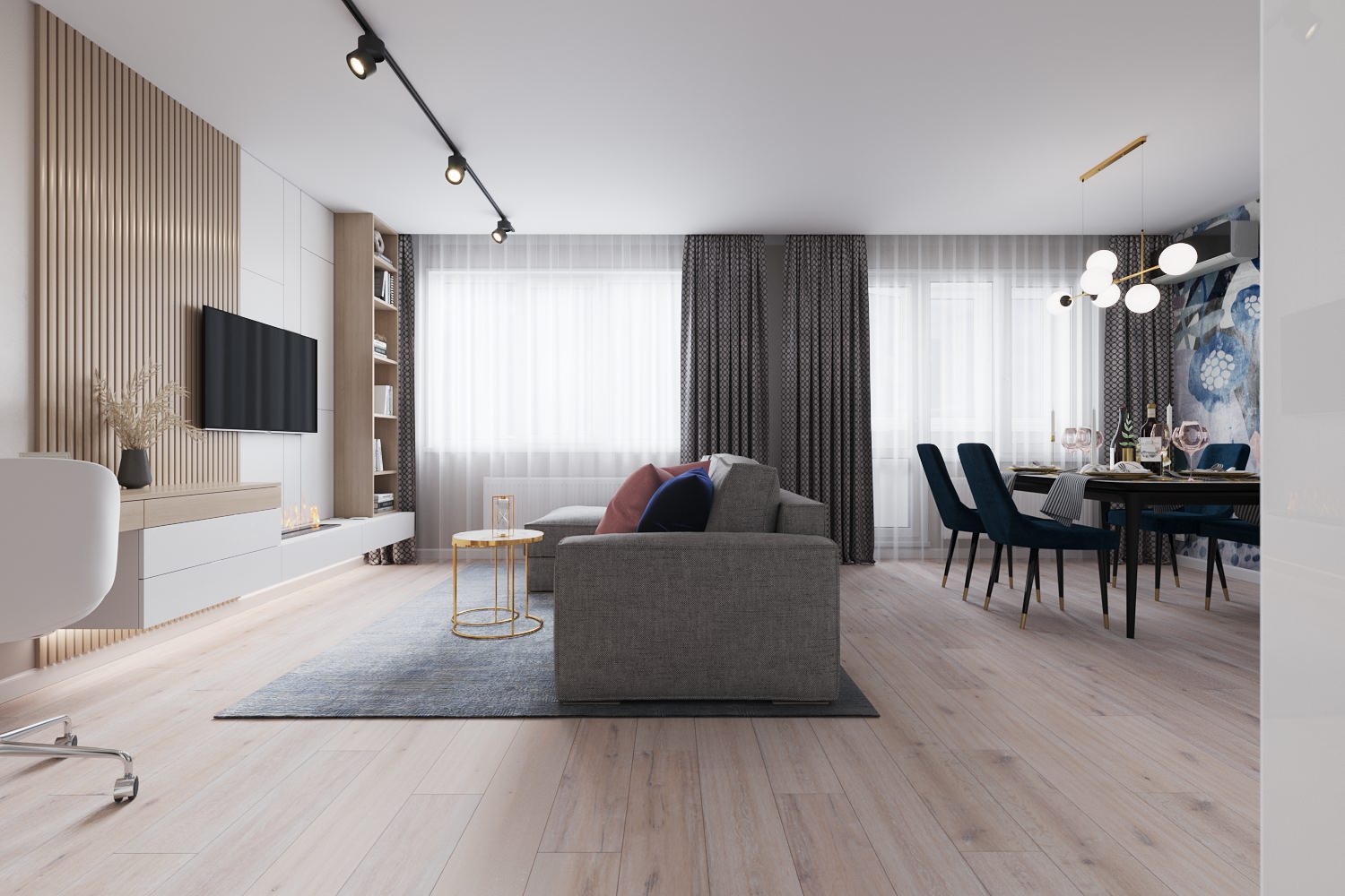 Кухня-гостиная с акцентной фреской