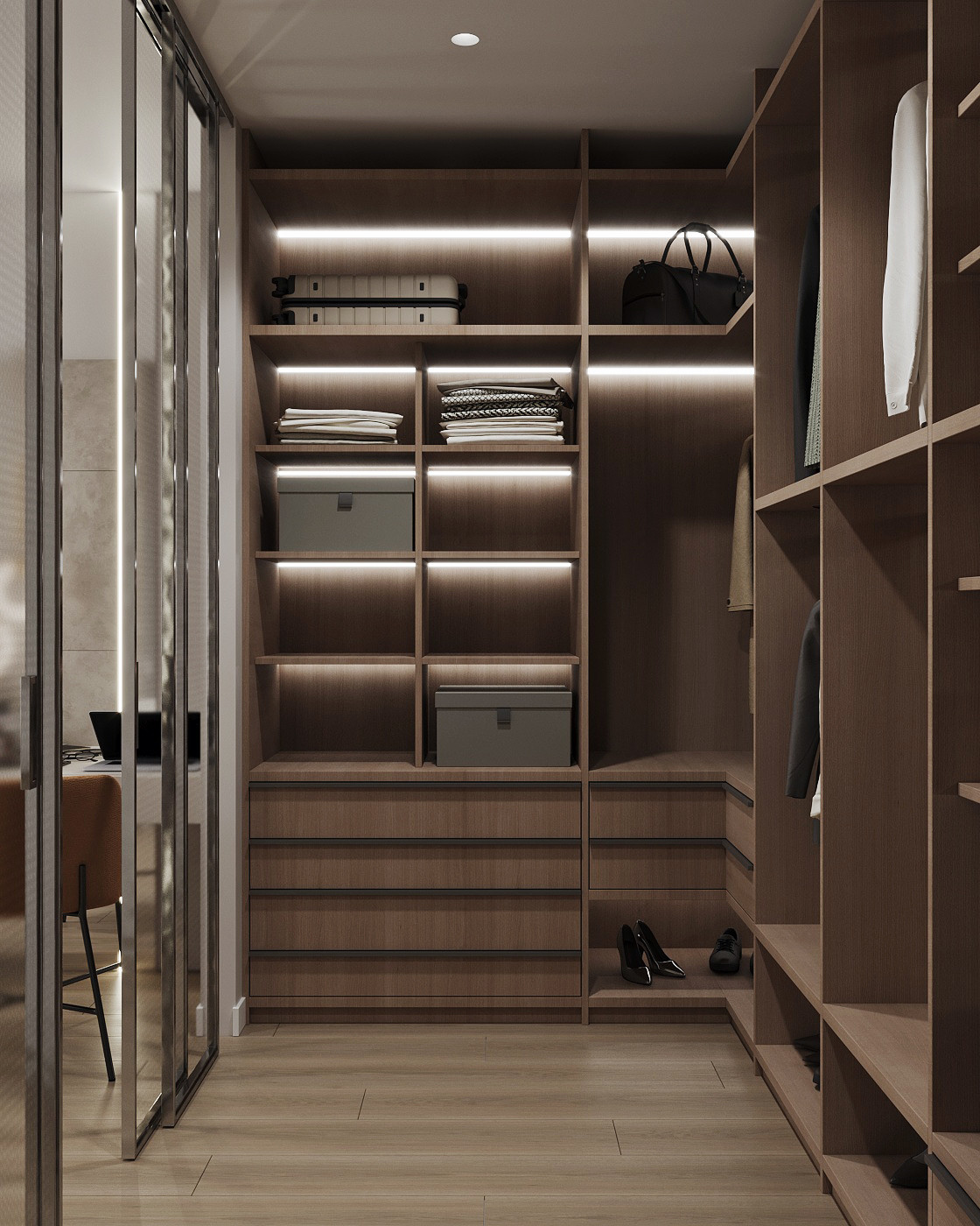 спальная с выделенной гардеробной из проекта двухкомнатной квартиры