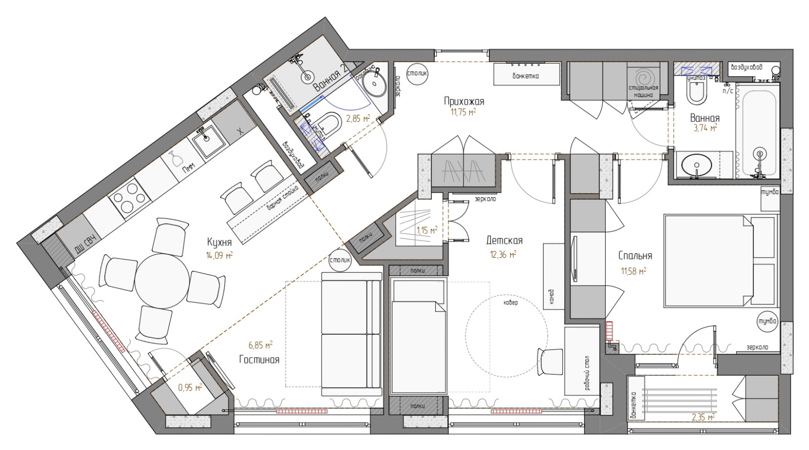 Поиск планировки: 4 плана + финал для квартиры с двумя... кухнями