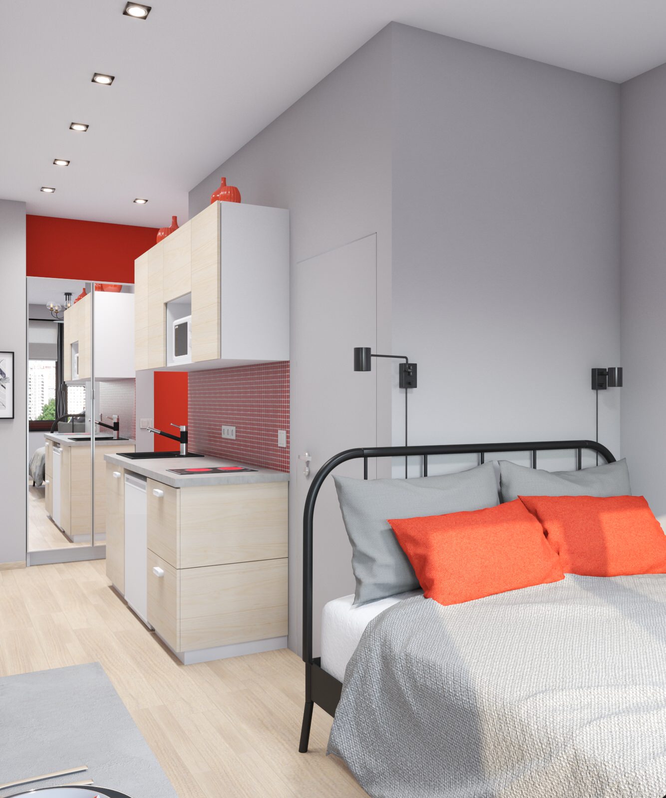 Студия с красными акцентами