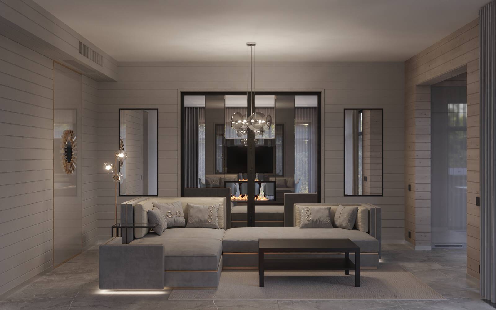 Гостиная с камином в проекте загородного дома