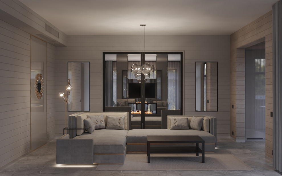 Гостиная с камином в проекте загородного дома