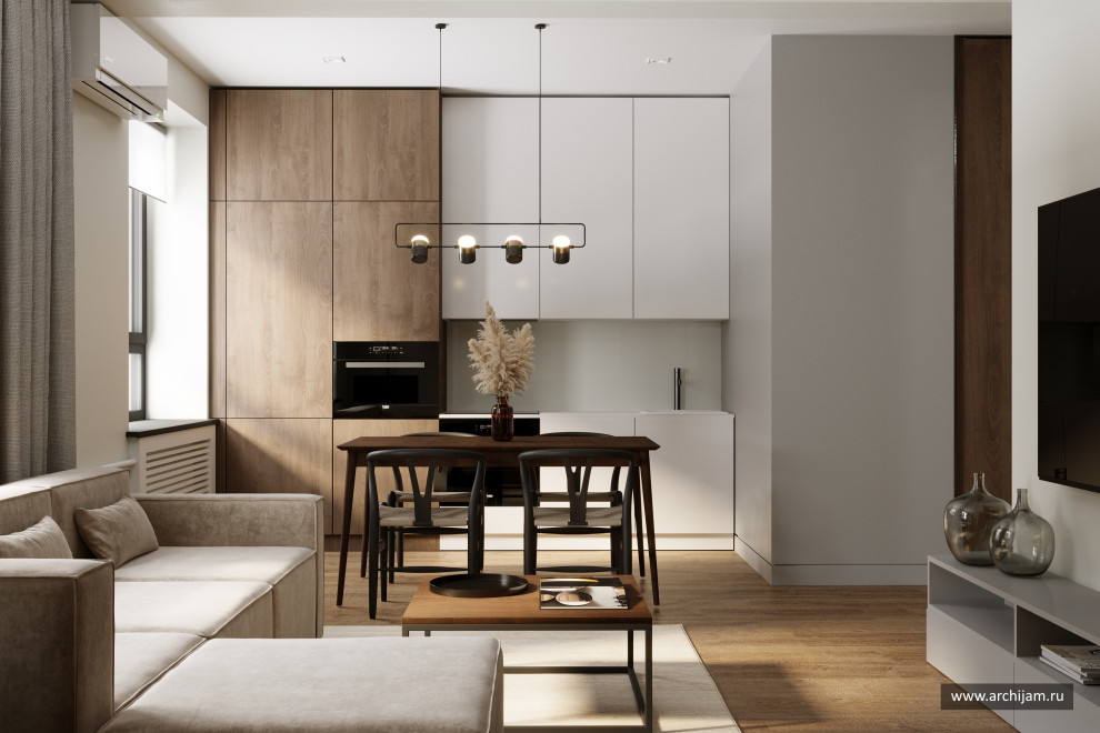 Обложка проекта: Минималистичная кухня-гостиная