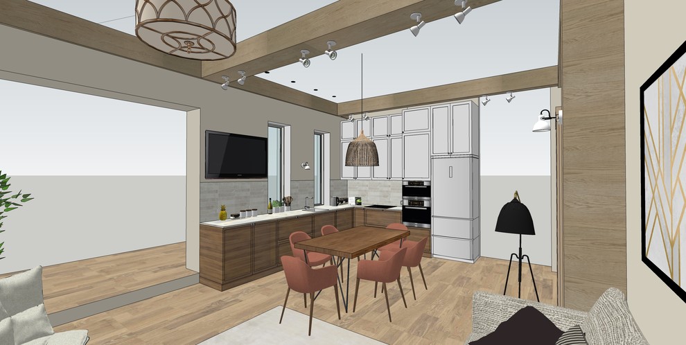 Деревянные балки в современной кухне-гостиной