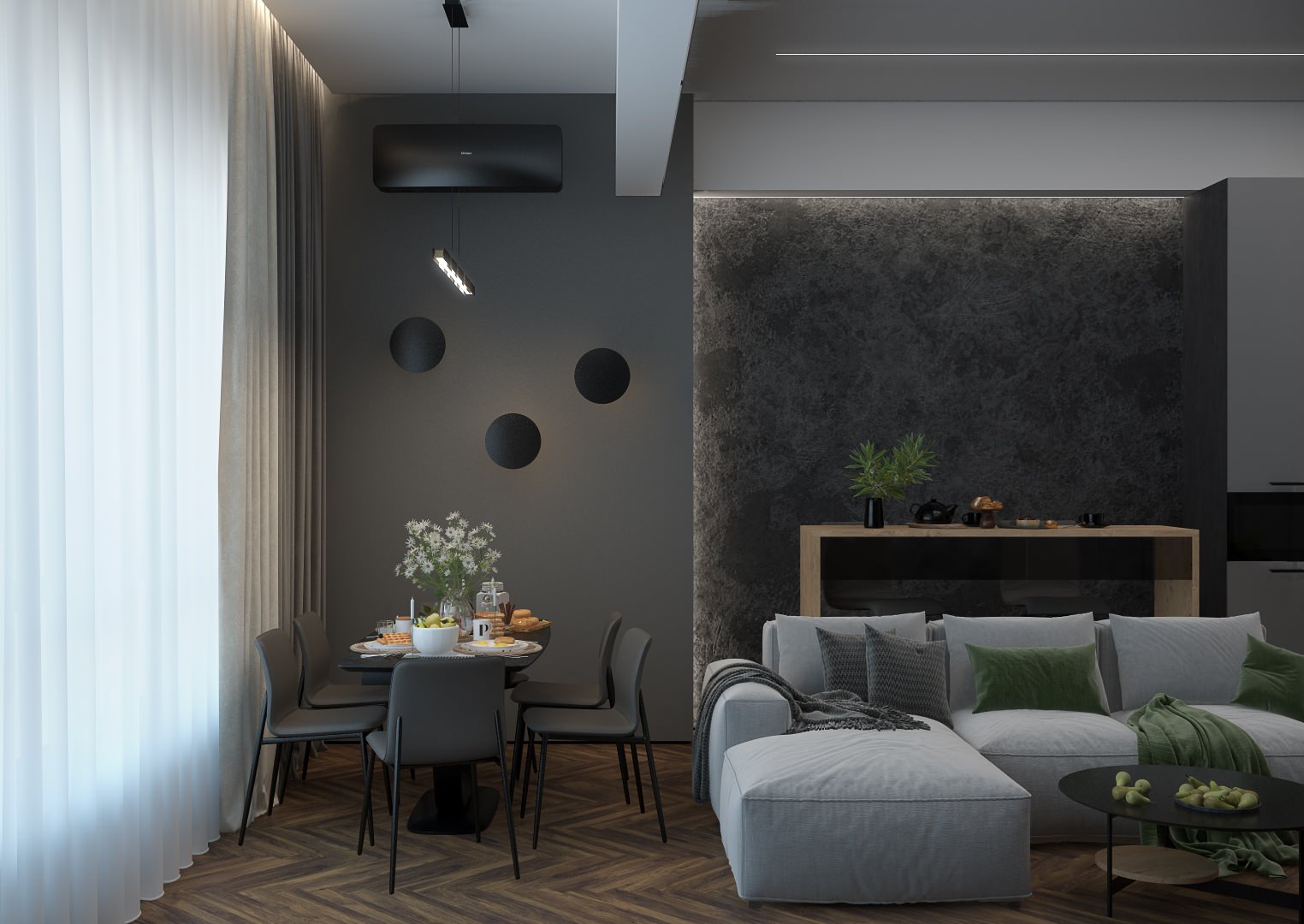 Кухня-гостиная в современном стиле в квартире