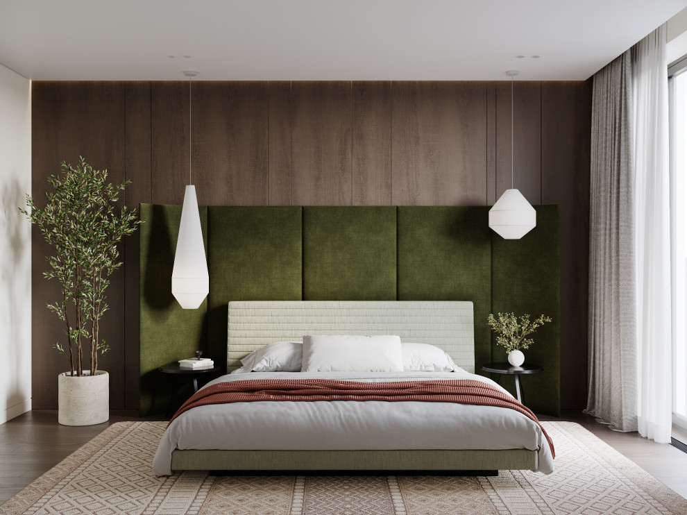 Обложка проекта: Визуализация интерьера спальни с зелеными акцентами