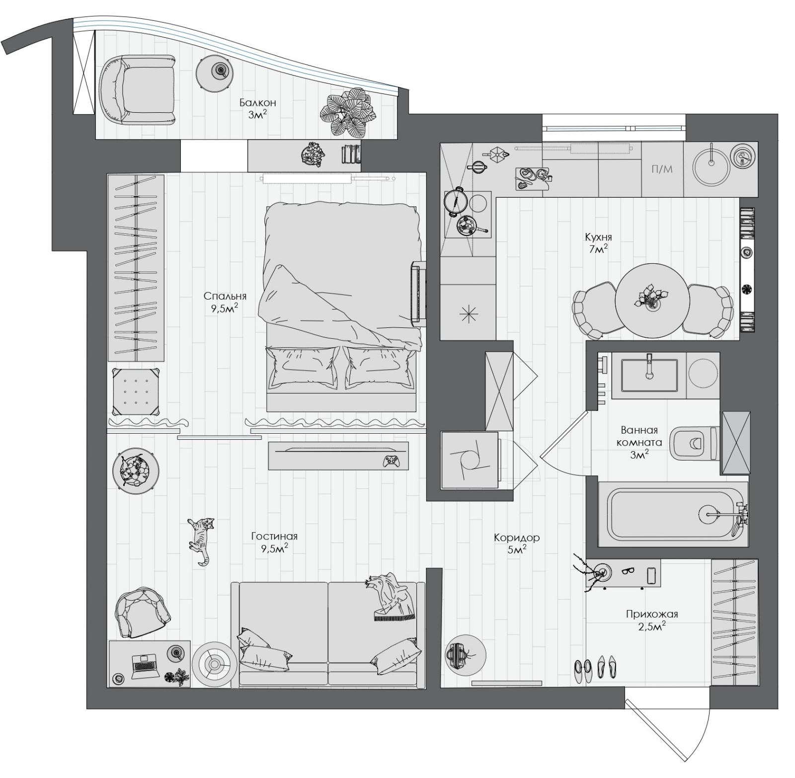 Однокомнатная квартира для стилиста. Серия дома п44т