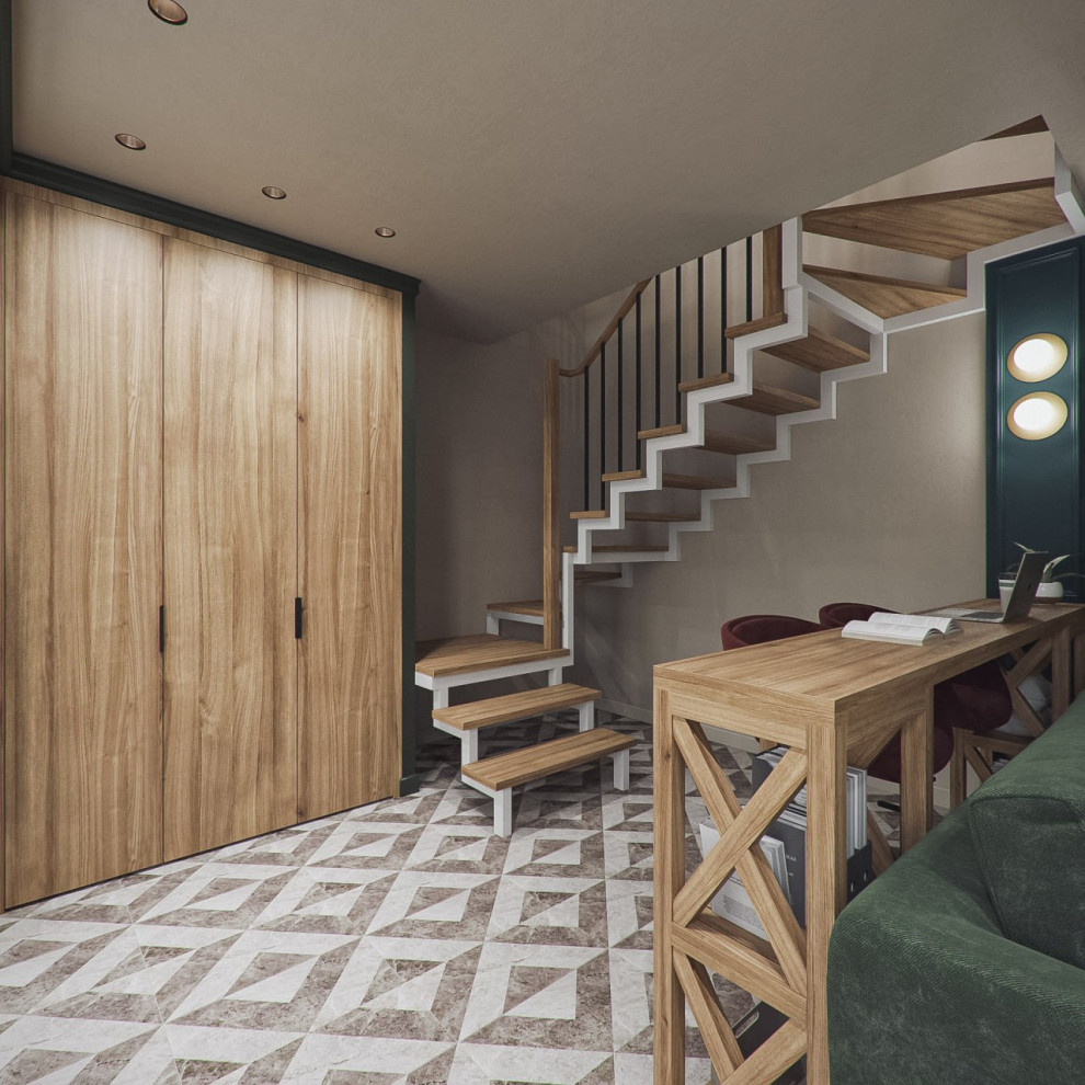 Гостиная на цокольном этаже таунхауса с выходом на улицу в зону барбекю