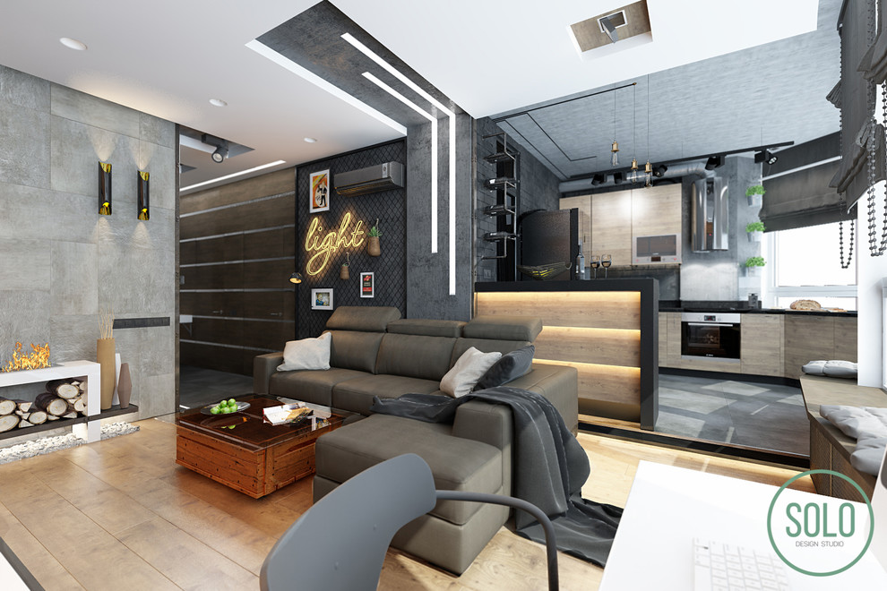 Modern Interior with loft elements for young couple