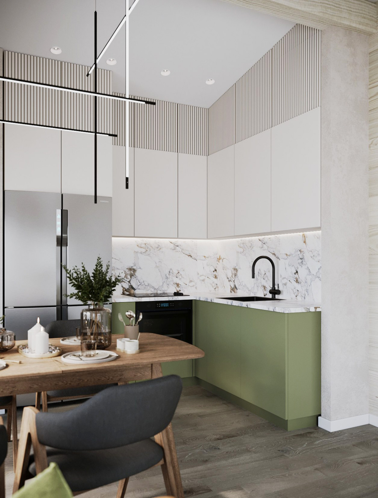 Дизайн кухни-гостиной в доме из бруса