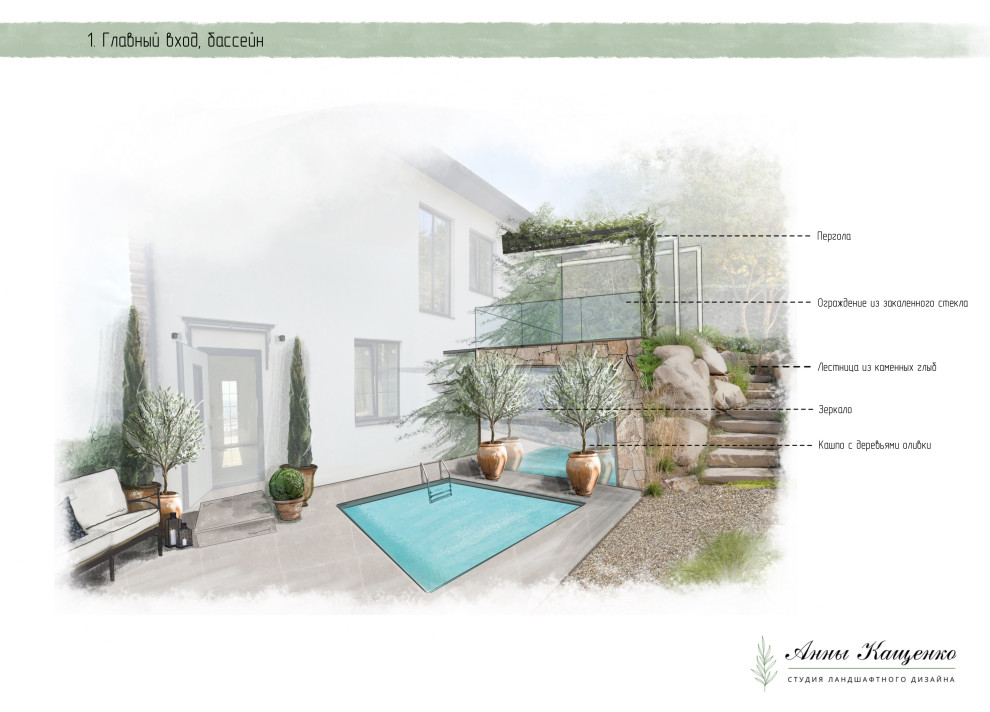 Проект участка с перепадом высот в средиземноморском стиле