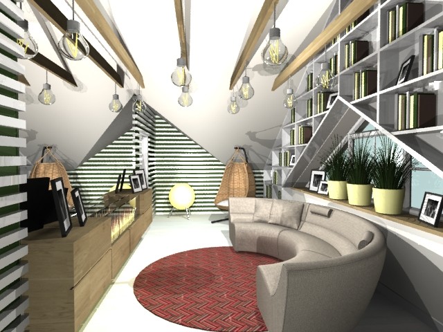 гостиная на мансардном этаже с библиотекой