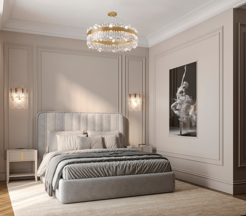 Спальня неоклассика в светлых тонах с гардеробом