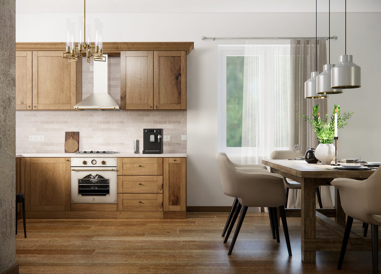 Дом в немецком стиле: кухня и гостиная с камином и лестницей