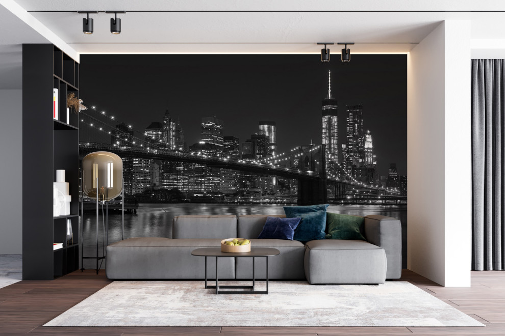 Панорама ночного города в оформлении гостиной