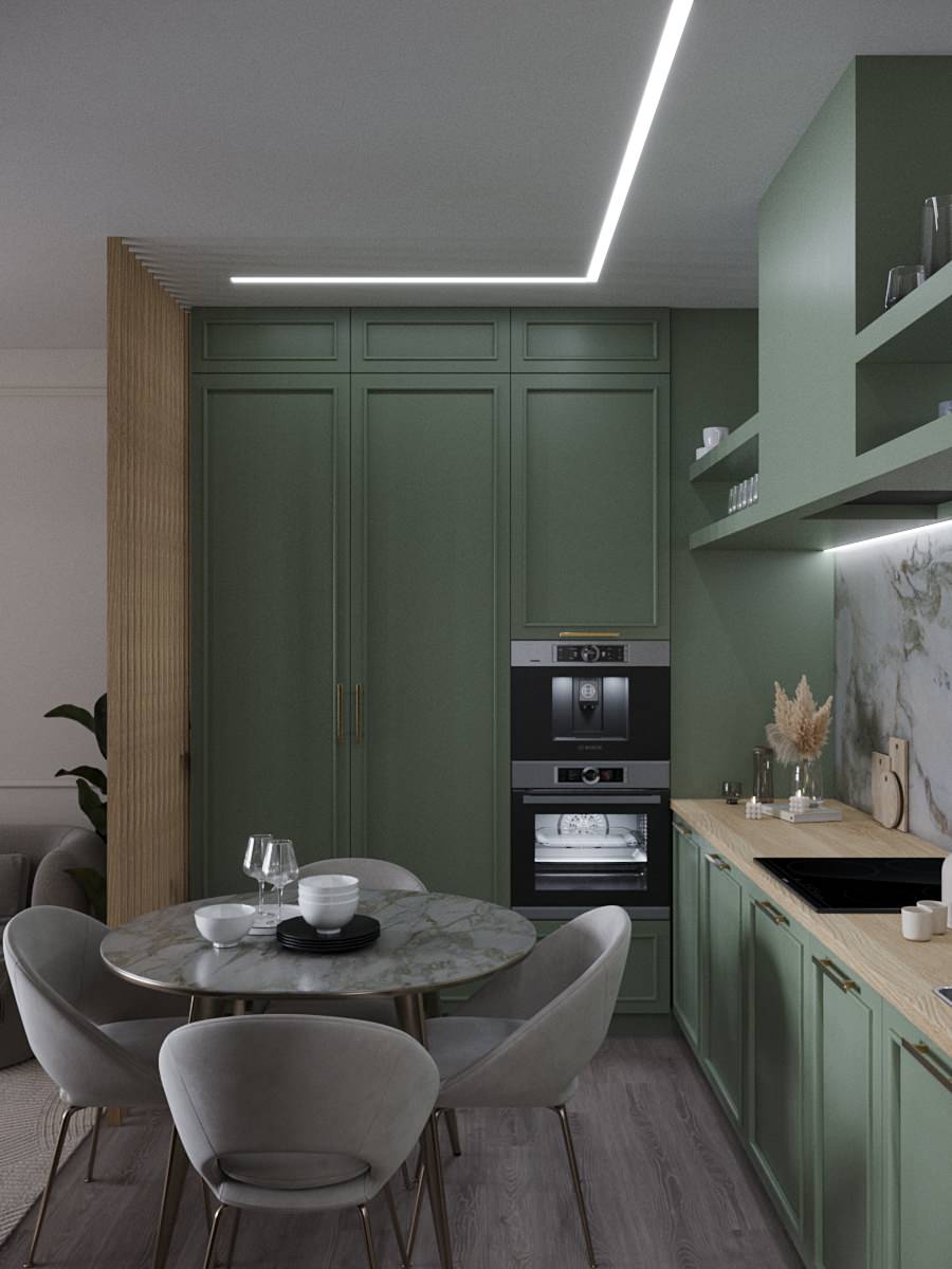 Дизайн кухни-гостиной в оливковом цвете