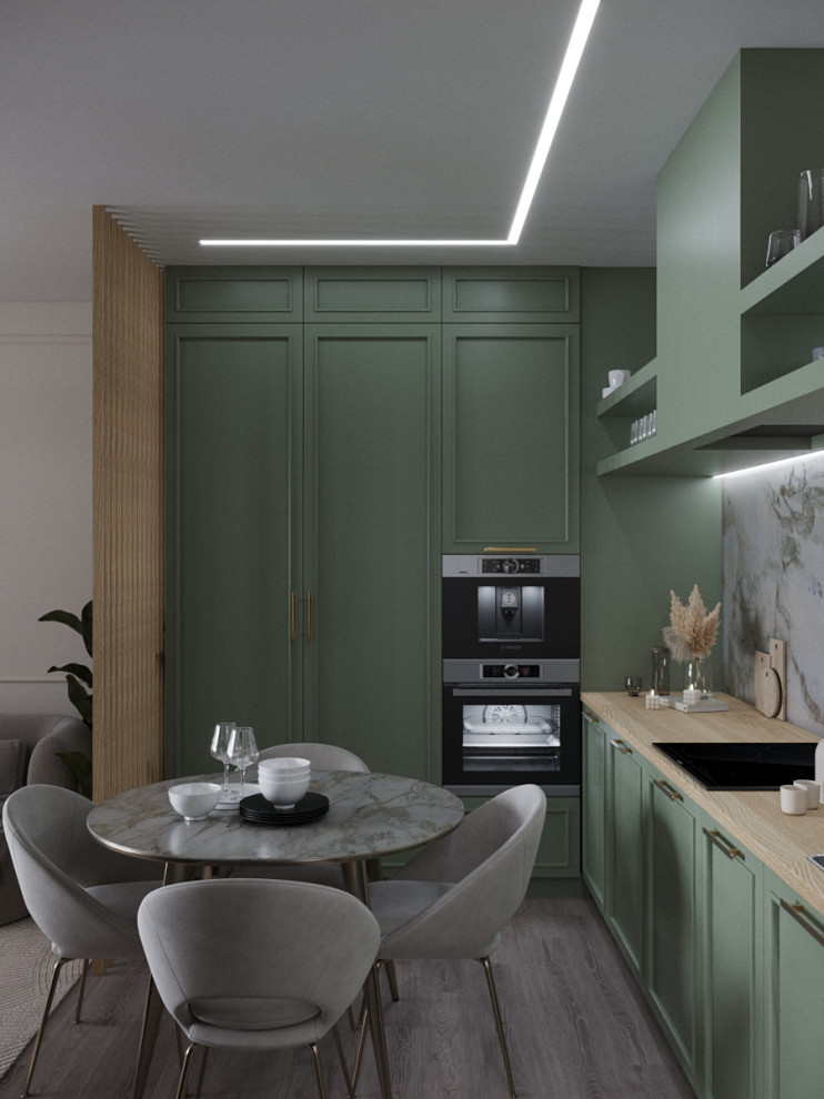 Дизайн кухни-гостиной в оливковом цвете