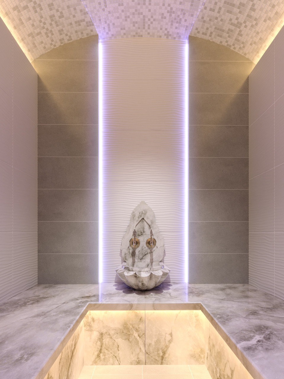 Турецкая баня (хамам) с мраморной курной и панелью под краны