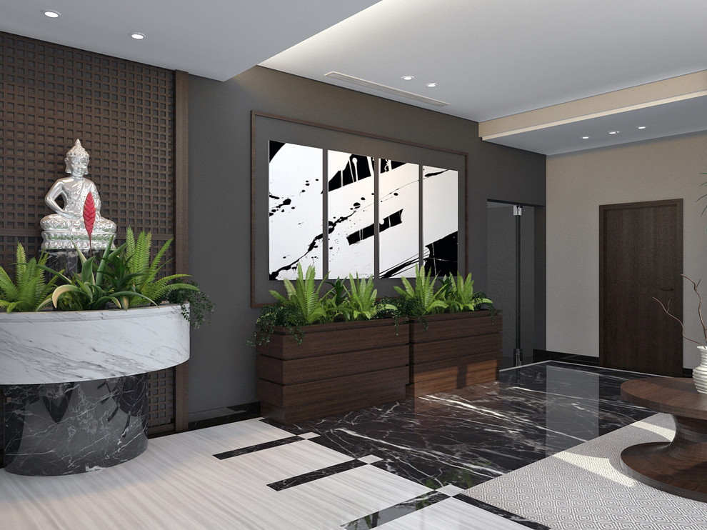 Холл домашнего офиса в азиатском стиле.