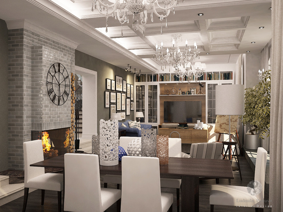 Гостиная-каминная-столовая