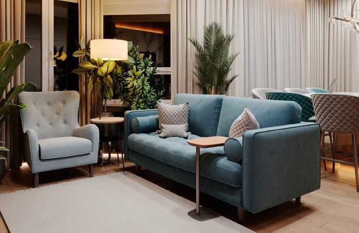 Современный стиль с синими акцентами в дизайне интерьера квартиры в ЖК "Цивилиза