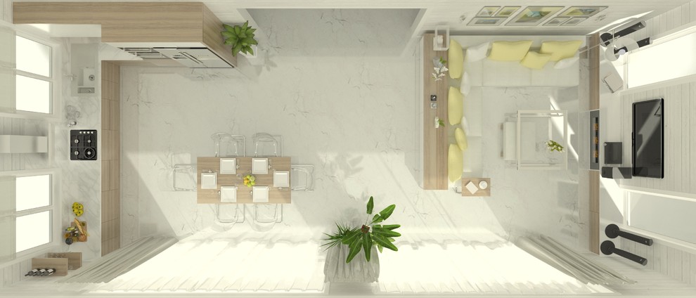 Интерьер кухни-гостиной в загородном доме из клееного бруса, г. Ижевск