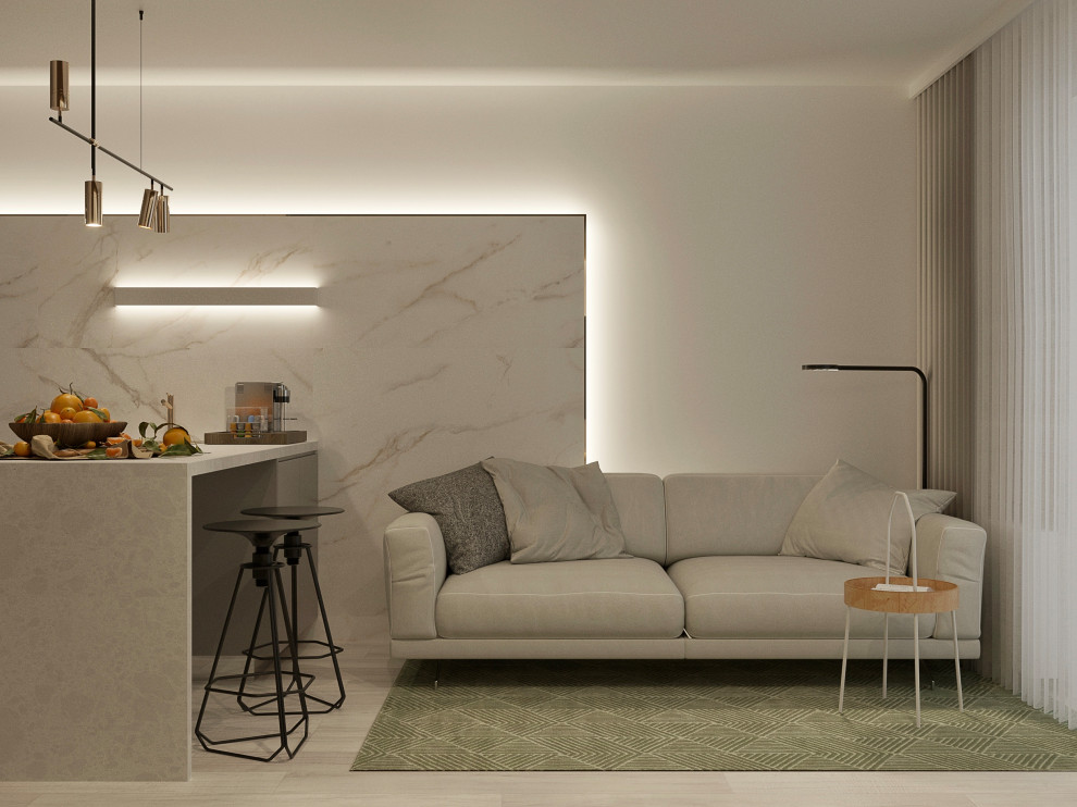 Дизайн интерьера маленькой кухни с барной стойкой, диваном и ТV зоной.