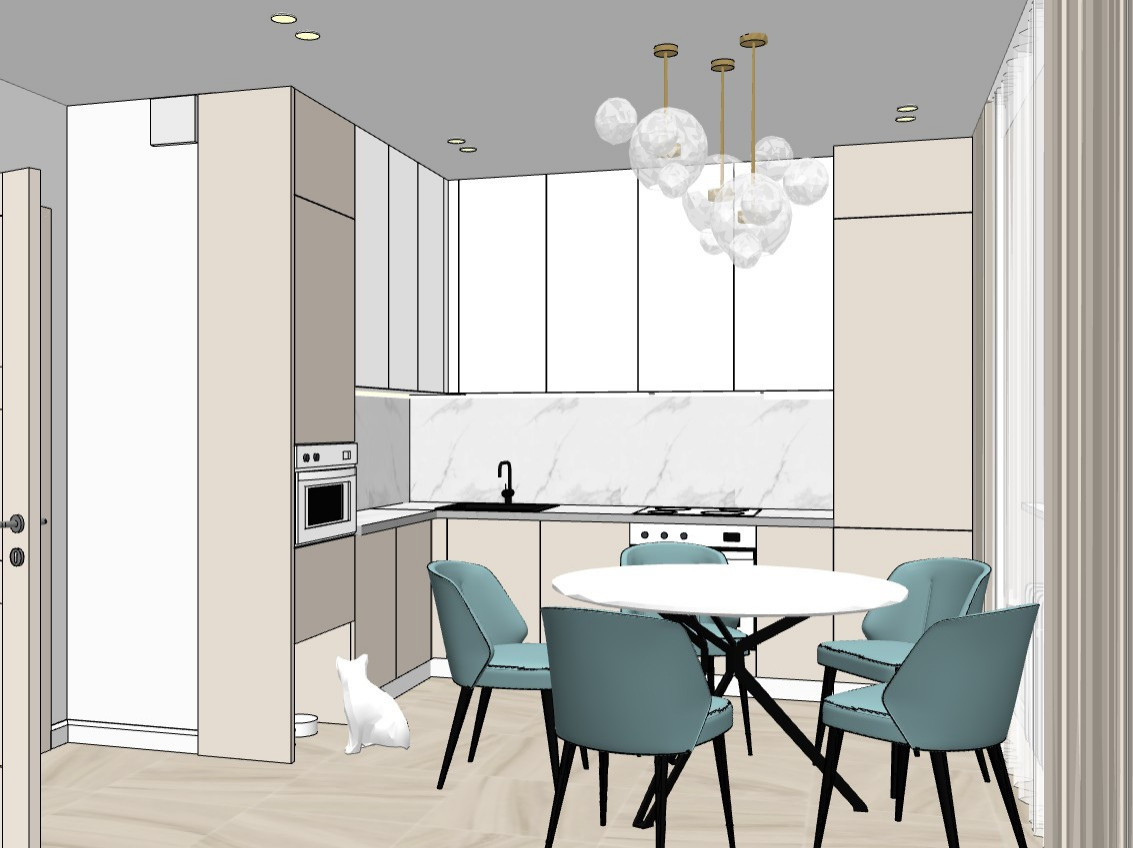 Эскизный проект кухни 11,5 м.кв. для семьи из 5 человек и кошки.