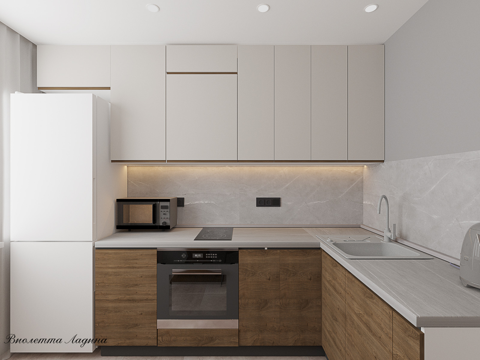 Трешка в панельном доме в современном стиле с голубым акцентом.