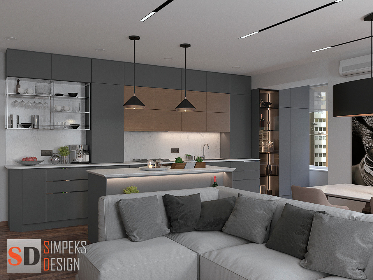 Kitchen-living room in gray tones