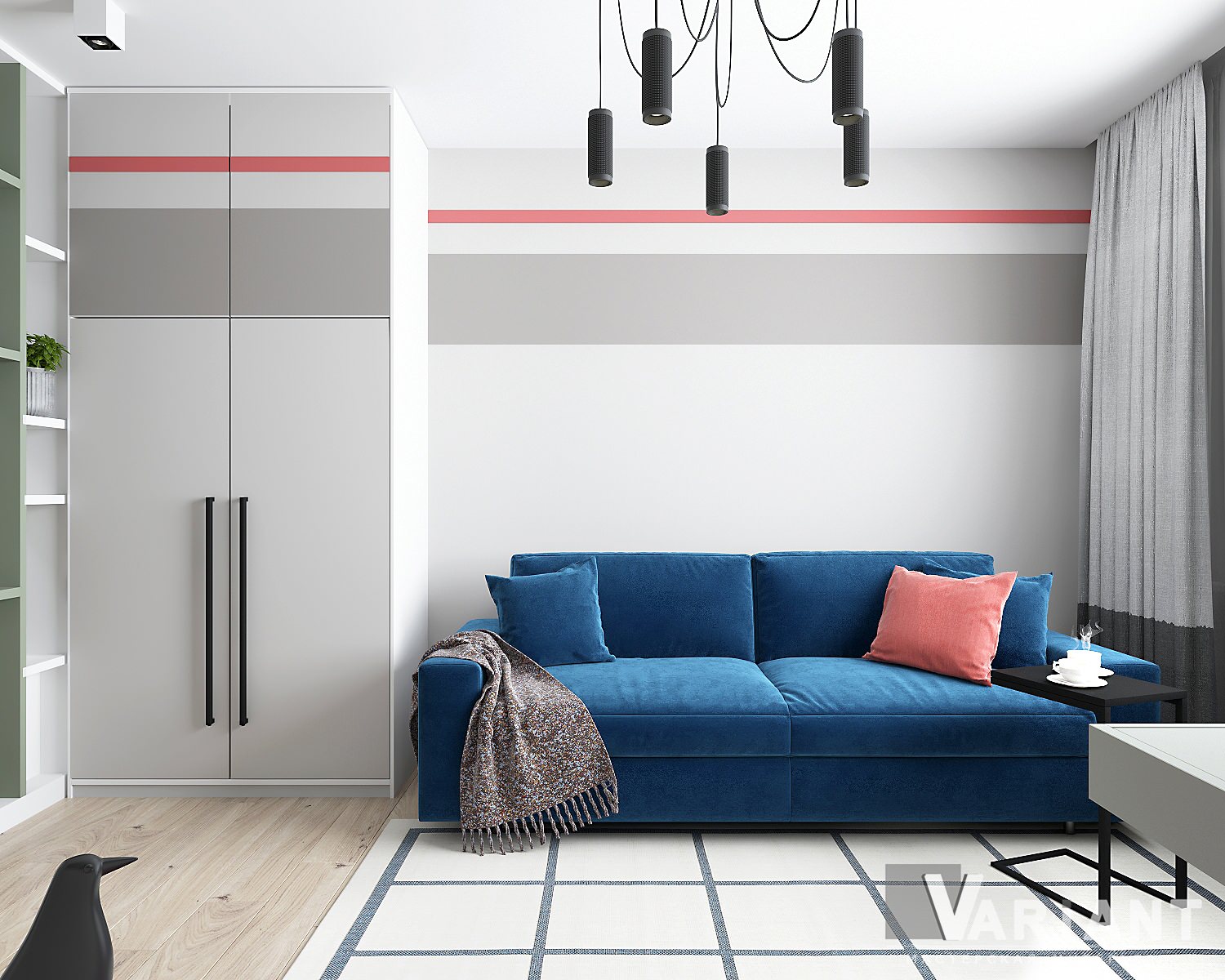 Гостиная с синим диваном и кроватью