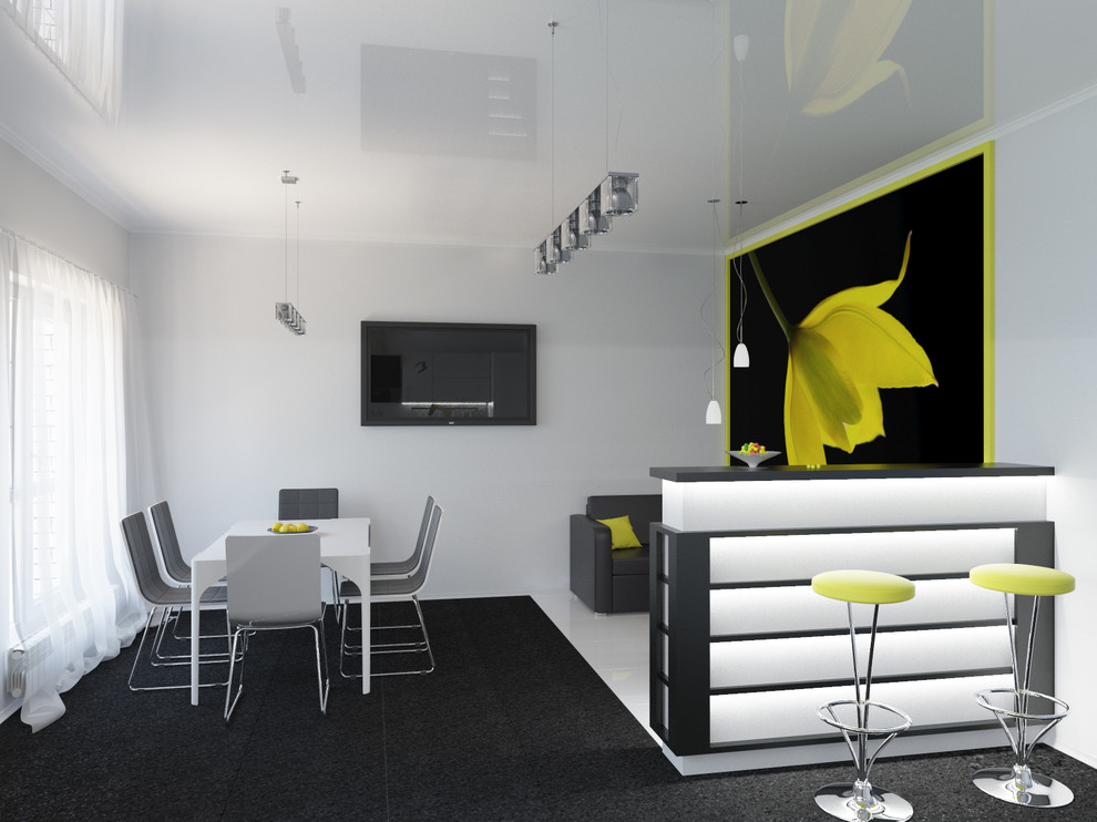 Чёрно белая кухня с ярким декором