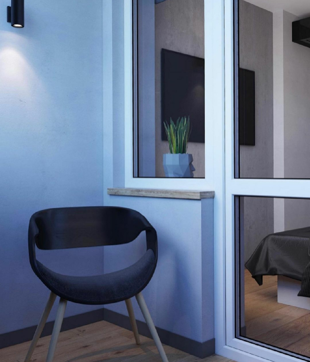 Уютный и минималистичный  балкон в квартире 58 кв.м.