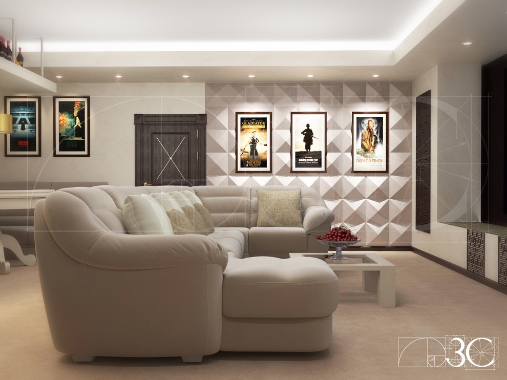 Домашний кинотеатр с баром в светлых тонах