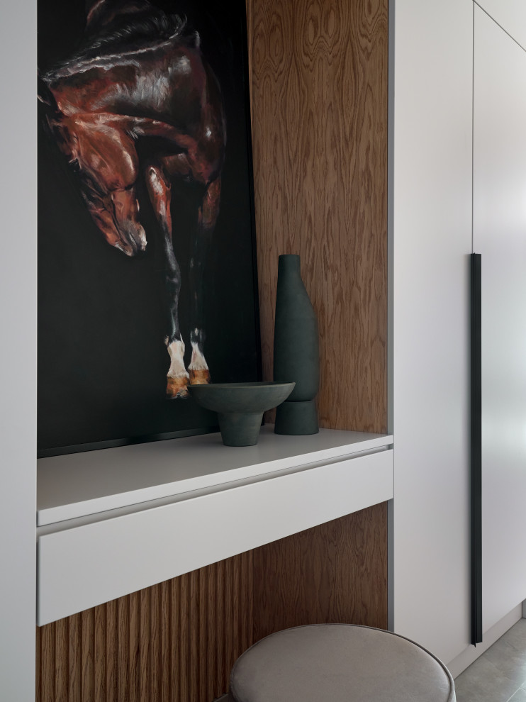 Монохром с деревянными акцентами.Дизайн Анастасия Волчкова.Публикация Elle Decor