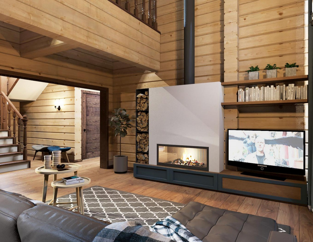 камин в гостиной со вторым светом