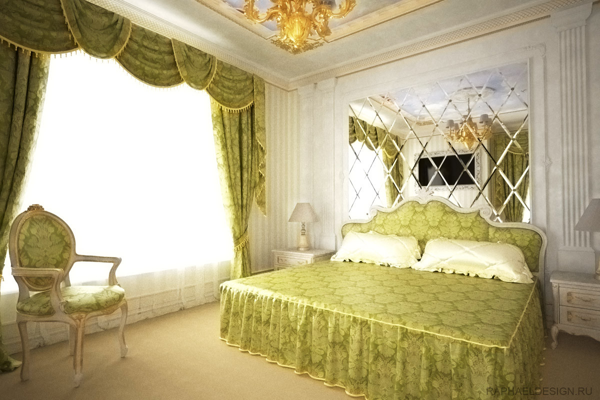 Дизайн интерьера спальни загородного дома в классическом стиле