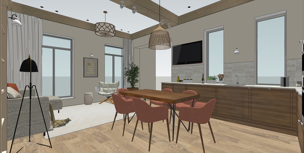 Деревянные балки в современной кухне-гостиной